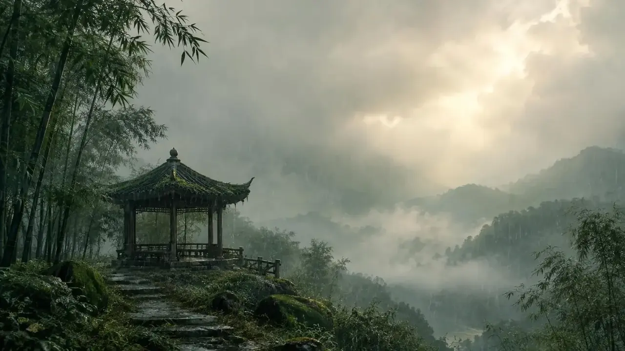 《亭雨故人》主视觉：长亭驿路与落日，一场雨把我们困在同一个屋檐下