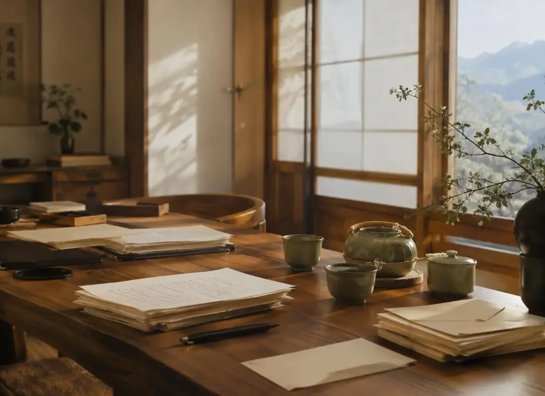 黄豆短剧无广告编辑部远景：山村写作室的木桌、手写剧本与松绿茶具